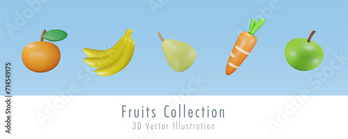 Fruit and vegetable set. Orange, banana, peach, carrot and green apple. 3D vector cute cartoon character.