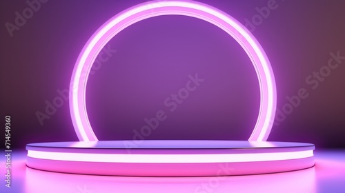 Illuminated neon purple arch on a circular platform with a gradient background © E 