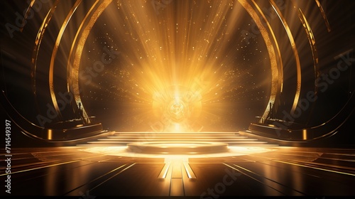 Golden light award with podium for luxury award ceremony concept background. Created with Generative AI photo