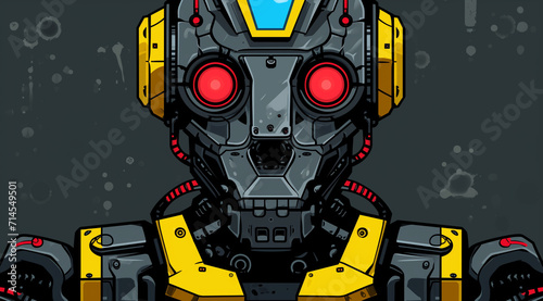Futuristic Robot Head with Red Eyes and Yellow Accents in a Sci-Fi Setting