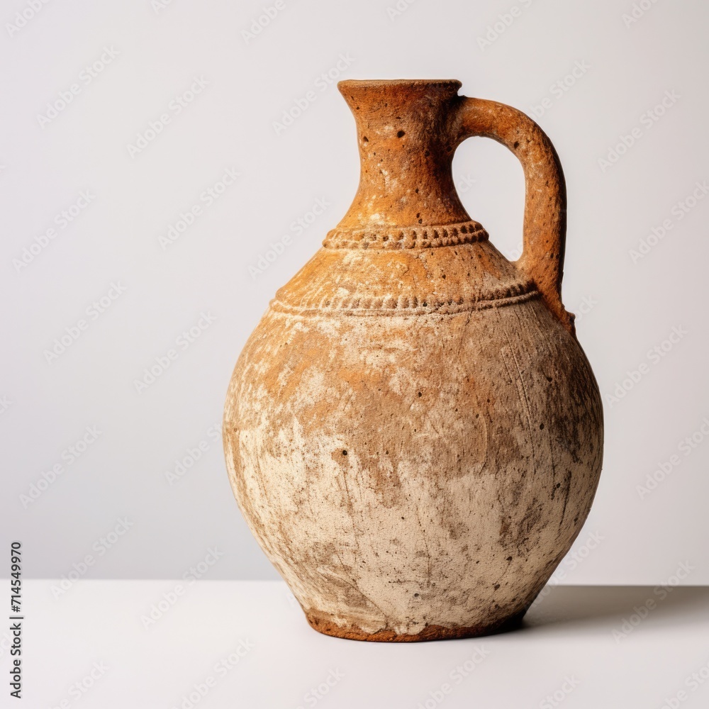 Time-worn terracotta jug with traditional carvings against a neutral backdrop.