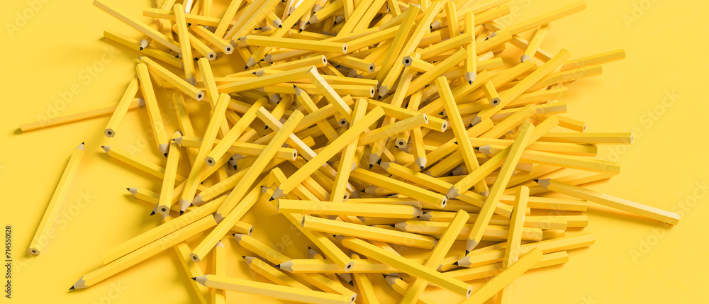 Yellow pencils isolated on yellow background. Yellow pencils background design. 3D illustration.