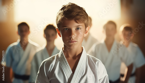 Little boy in white kimono ready for battle