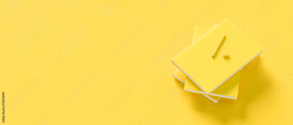 Yellow books isolated on yellow background. Back to school concept design background. 3D illustration. Yellow books isolated on yellow background. Back to school concept design background. 3D illustration.