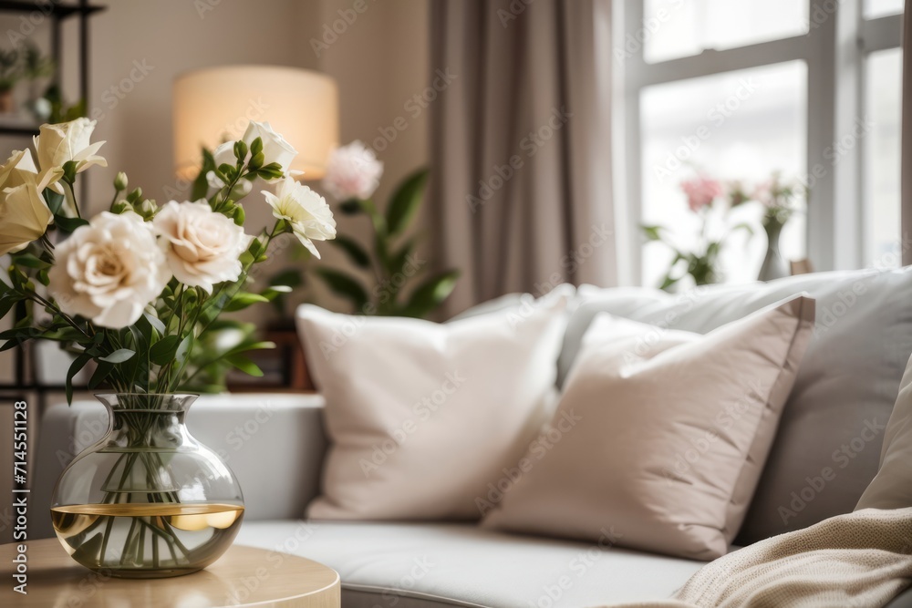 French interior home design of modern living room with glass vase with a bouquet of white flowers next to a beige sofa French interior home design of modern living room with glass vase with a bouquet of white flowers next to a beige sofa