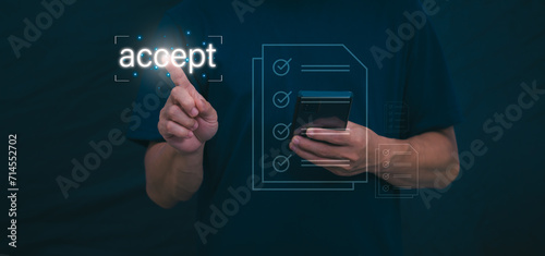 The person accepts an electronic document on a smartphone, management concept, digital transformation Internet of Things, Big Data and Business Processes, Automated Operations, Data Storage