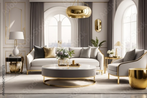 Interior home design of modern living room with gray sofa and gold table close to luxury gold decoration © Basileus