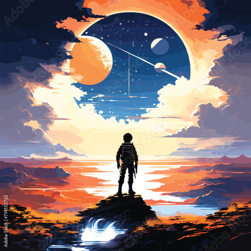 Astronaut in a space suit is flying in space next to planets and stars. AI Generated