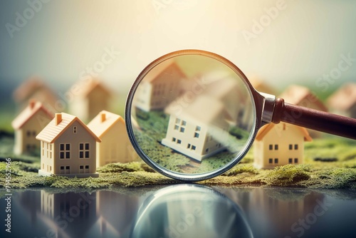 Searching for house lodging and property with magnifying glass. Hunt for new house or home real estate loan, mortgage, investments and housing development concept photo