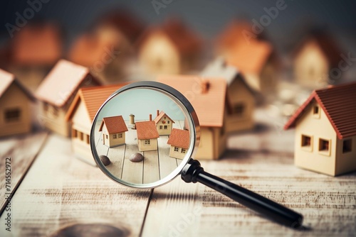 Searching for house lodging and property with magnifying glass. Hunt for new house or home real estate loan, mortgage, investments and housing development concept photo