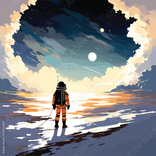 Astronaut in a space suit is flying in space next to planets and stars. AI Generated