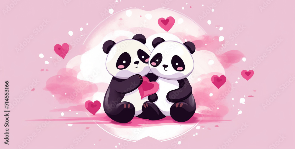 Valentines day background with cute panda couple. Vector illustration.Cute cartoon panda couple on pink background. Vector illustration.Cute panda couple in love. Valentines day vector illustration