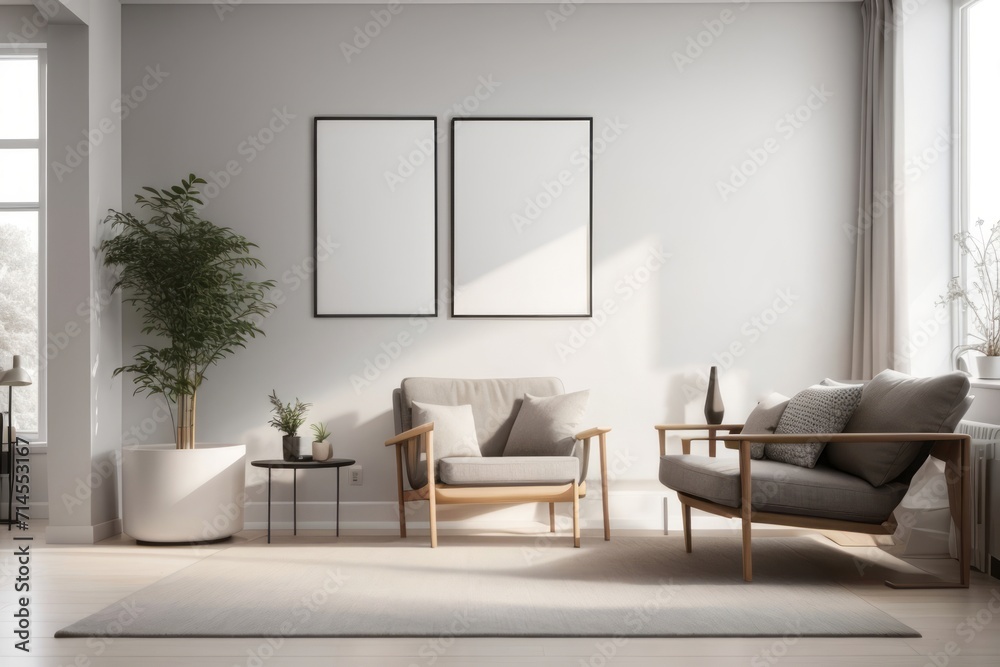 Fototapeta premium Scandinavian interior home design of modern living room with gray armchair and empty mockup poster frame on gray wall near window