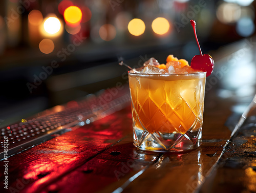 Alcoholic whiskey cocktail with whipped cream and cherry on the bar counter in a night club