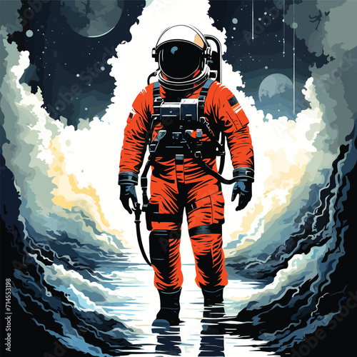 Astronaut in a space suit is flying in space next to planets and stars. AI Generated