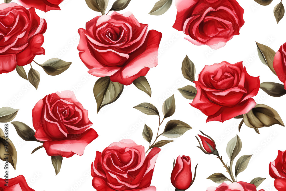 Red roses with buds and petals watercolor on white background, valentines day concept