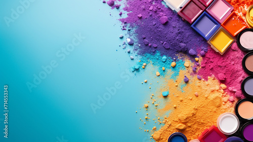 colorful frame with various makeup products on blue background