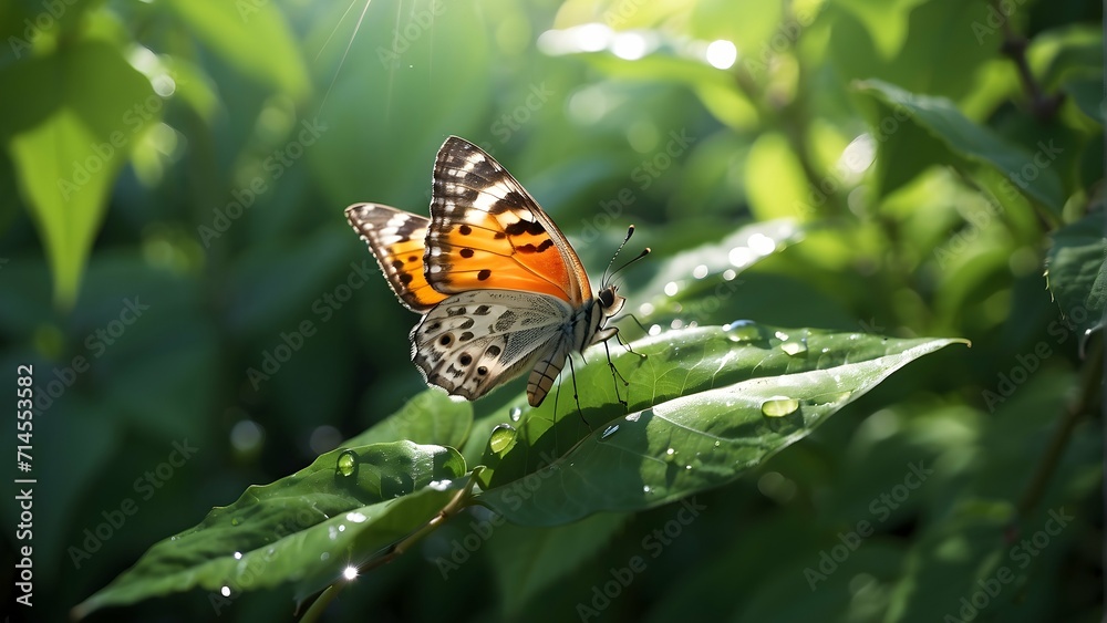 Nature's Elegance: Close-up of Butterfly on Green Leaf, Water Drops and Sunray Nature's Elegance: Close-up of Butterfly on Green Leaf, Water Drops and Sunray