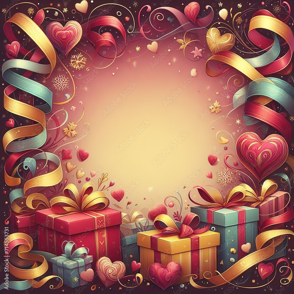 a wonderful postcard on a dark pink background with a central circle for writing and a decorative frame in the form of colored streamers, ribbons, gifts and red hearts a wonderful postcard on a dark pink background with a central circle for writing and a decorative frame in the form of colored streamers, ribbons, gifts and red hearts