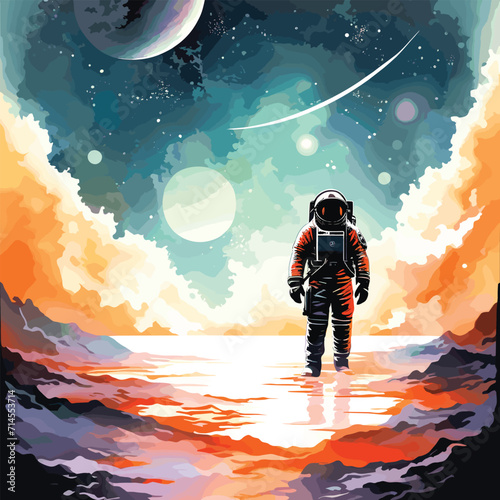 Astronaut in a space suit is flying in space next to planets and stars. AI Generated