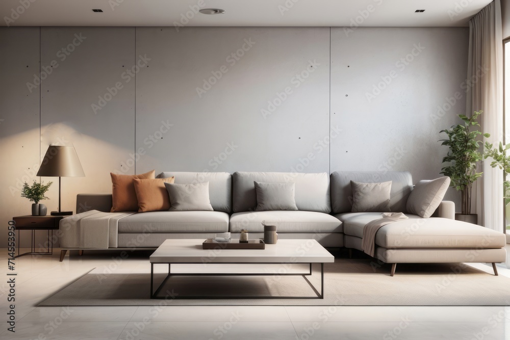 Interior home design of modern living room with gray sofa and houseplants against gray concrete wall near the window Interior home design of modern living room with gray sofa and houseplants against gray concrete wall near the window