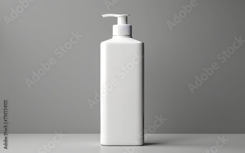 In a 3D illustration, a white plastic shampoo bottle is presented from a frontal perspective, set against a gray backdrop.