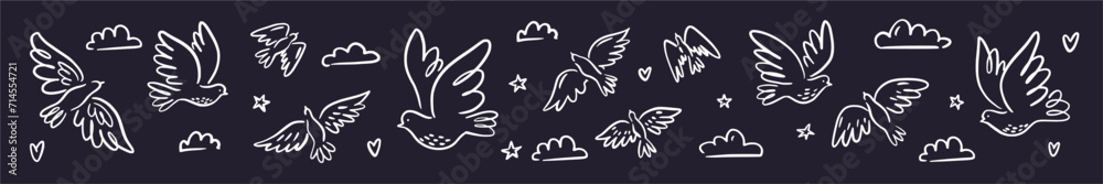 Vector horizontal illustration with a collection of flying birds, pigeons hand-drawn in doodle style