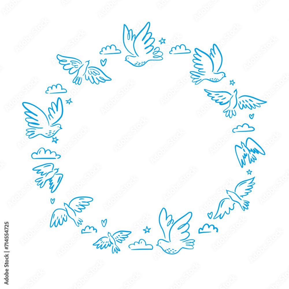 Vector round illustration with a collection of birds flying in the sky, pigeons, hand-drawn in the style of doodles