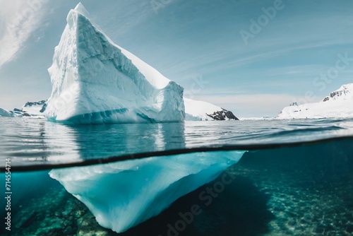 Amazing white iceberg floats in the ocean with a view underwater. Hidden Danger and Global W