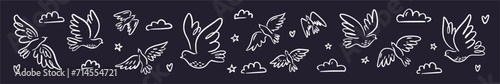 Vector horizontal illustration with a collection of flying birds, pigeons hand-drawn in doodle style