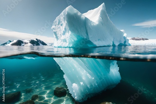 Amazing white iceberg floats in the ocean with a view underwater. Hidden Danger and Global W