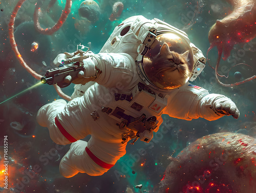 A cat astronaut in a spacesuit holds a torch in his hand on the background of stars.