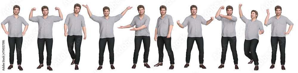 3D Render : set of plus size male character is standing and wearing the casual outfit with different body action, isolated for graphic resource,, PNG transparent 3D Render : set of plus size male character is standing and wearing the casual outfit with different body action, isolated for graphic resource,, PNG transparent