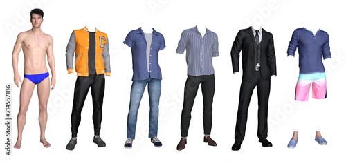 3d render : handsome male paper doll with different outfit for graphic resource, PNG transparent