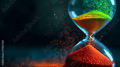Hourglass with green, orange and red sand symbolizing urgency and change in time
