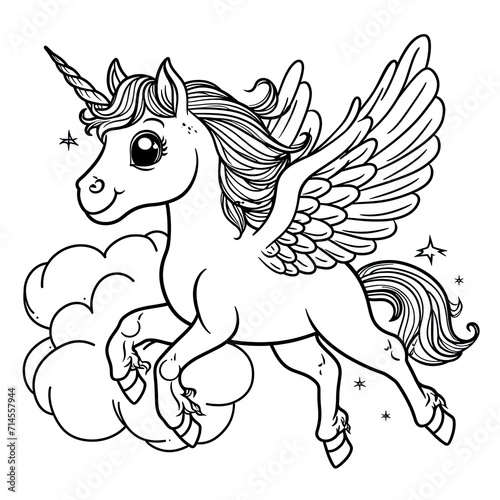 Cute flying unicorn coloring page Colorless transparent background