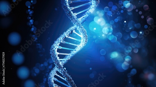 Abstract illustration of a DNA double helix glowing in a radiant blue hue, imagery for biotechnology and genetic research.