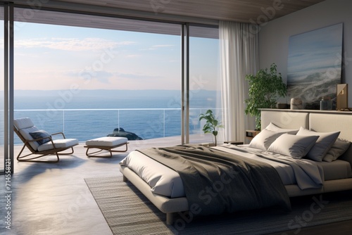 Papier peint A bedroom with a view of the ocean and a balcony that is beautiful