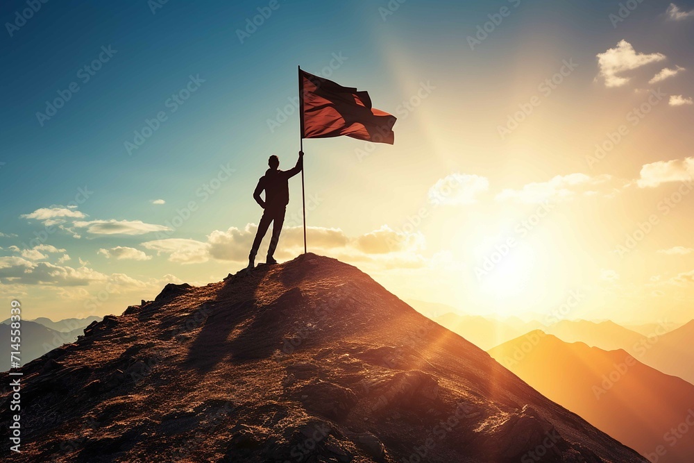 Silhouette of businessman holding flag on the top of mountain with over blue sky and sunlight. It is symbol of leadership successful achievement with goal and objective target - obrazy, fototapety, plakaty 