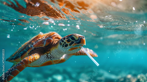 Sea Turtle with Plastic Straw in Ocean.