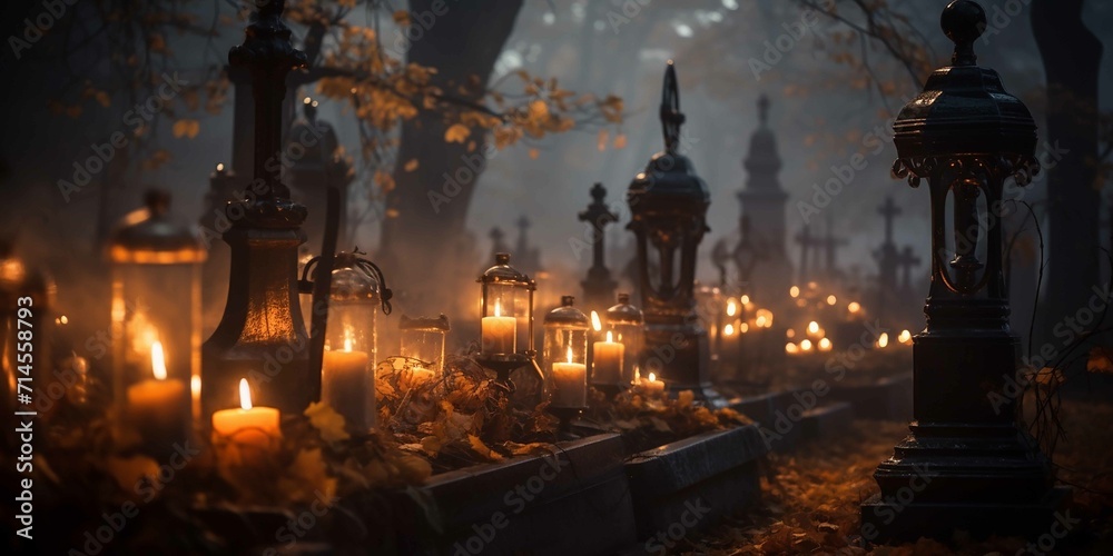 close-up on candles, cemetery, autumn foliage, fog, evening light