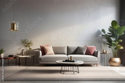 Interior home design of modern living room with gray sofa and houseplants on gray cement wall © Basileus