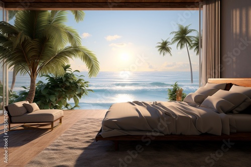 A bedroom with a view of the ocean and palm trees that is beautiful © roy9