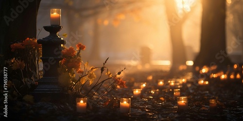 close-up on candles, cemetery, autumn foliage, fog, evening light