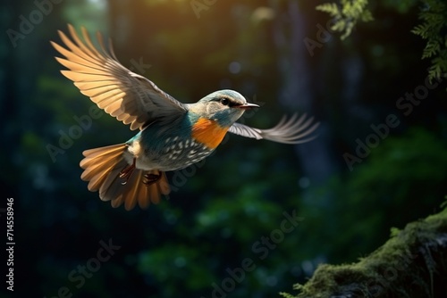 A bird flying in the forest with a green beak and orange wings