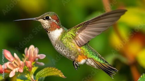 A hummingbird captured in a mid-air hover, photographed from the side, its iridescent feathers reflecting a spectrum of colors as it sips nectar from a delicate flower. 