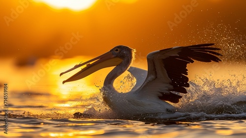 A pelican skimming the water's surface, captured from a side angle, its long bill and wings creating a dramatic silhouette against a backdrop of a golden sunrise.