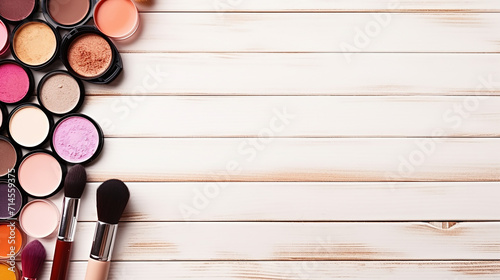 Fotografija makeup cosmetics such as eyeshadows lipsticks mascara blush on white wooden back