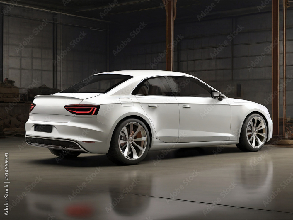White sport car in the garage. 3d render. Side view. Created using generative AI tools White sport car in the garage. 3d render. Side view. Created using generative AI tools