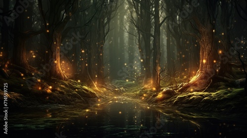 Abstract magical forest with glowing light. Fantasy glowing tree and flowers concept. Created with Generative AI photo